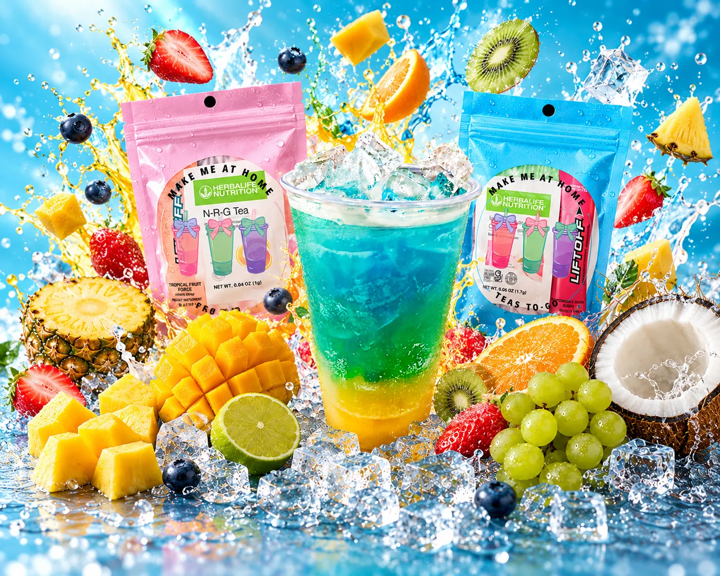 Loaded tea surrounded by tea kit bags and fresh fruit